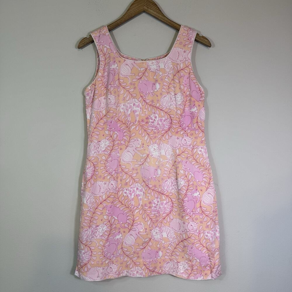 Vintage LILLY PULITZER Jungle Kitty Cats Shift Dress Pink Orange Y2K Size 12